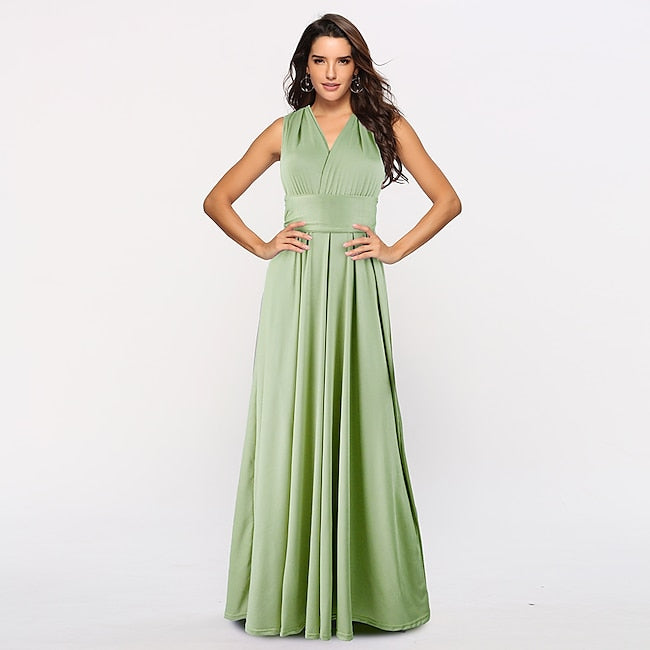 A-Line Bridesmaid Dress Halter Neck / V Neck Sleeveless Convertible Infinity Floor Length Spandex with Sash / Ribbon / Pleats  dress to impress 2024 #9002660