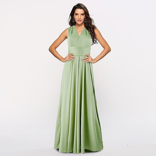 A-Line Bridesmaid Dress Halter Neck / V Neck Sleeveless Convertible Infinity Floor Length Spandex with Sash / Ribbon / Pleats  dress to impress 2024 #9002660