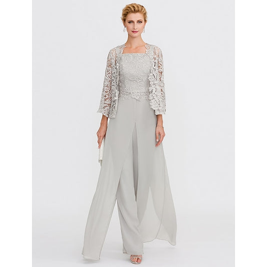 TS Jumpsuit / Pantsuit 3 Piece Mother of the Bride Dress Formal Wedding Guest Elegant Plus Size Square Neck Floor Length Chiffon Corded Lace Sleeveless Wrap Included with Lace Appliques 2024 #6263918