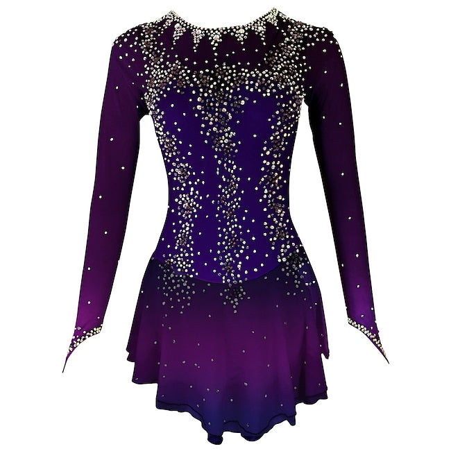 Figure Skating Dress Women's Girls' Ice Skating Dress Violet Yellow & Yellow White Open Back Spandex High Elasticity Training Practice Professional Skating Wear Crystal / Rhinestone Long Sleeve Ice #7649485