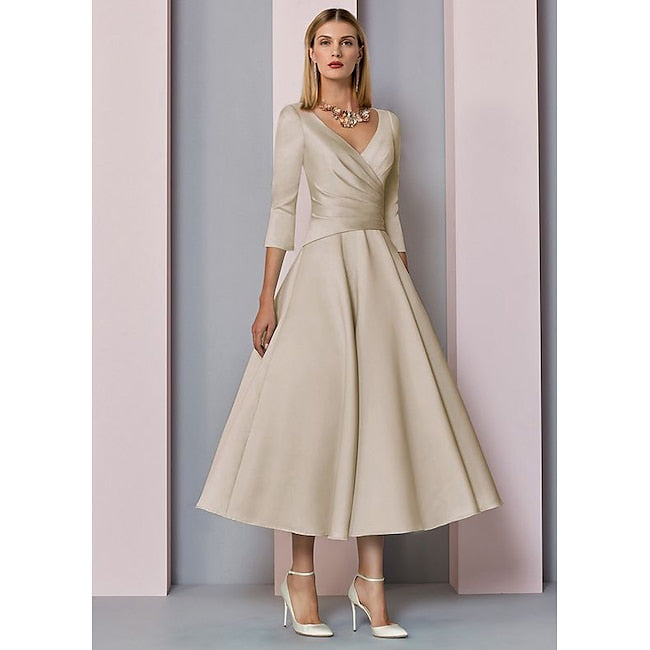 TS A-Line Gold Dresses Mother of the Bride Dress Wedding Guest Elegant Vintage Plus Size V Neck Tea Length Satin 3/4 Length Sleeve with Pleats dress to impress 2024 free custom size #7544785