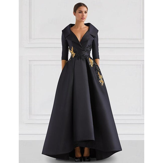 Black A-Line Evening Gown Vintage Embroidered Elegant Dress Formal Floor Length Long Sleeve V Neck Pocket Satin with Beading Appliques 2024 #15858623