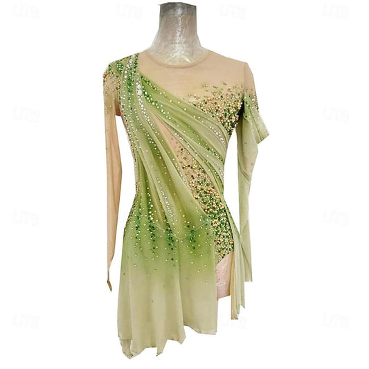 Figure Skating Dress Men's Women's Ice Skating Skirt Dress Green Yellow Thumbhole Open Back Spandex High Elasticity Professional Competition Skating Wear Thermal Warm Classic Crystal / Rhinestone #10929185