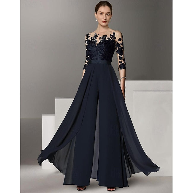 TS Jumpsuit / Pantsuit Mother of the Bride Dress Formal Wedding Guest Elegant Party Scoop Neck Ankle Length Chiffon Lace 3/4 Length Sleeve with Appliques 2024 #9724559