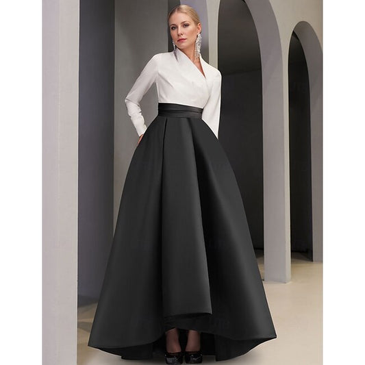 Black Tie A-Line Evening Gown Elegant Dress Formal Wedding Guest Asymmetrical Long Sleeve V Neck Pocket Satin with Pocket 2024 #11895080