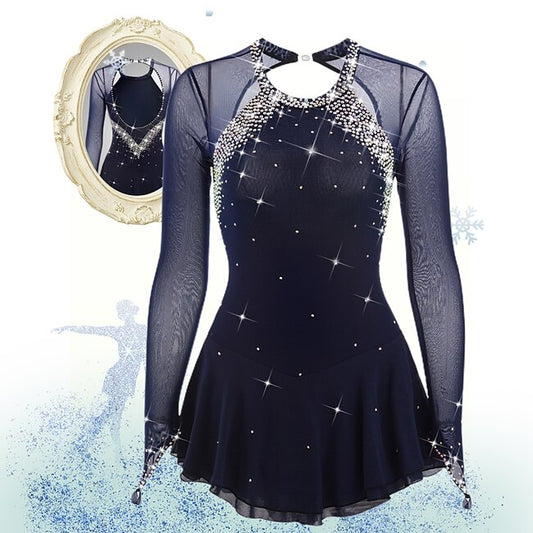 Figure Skating Dress Women's Girls' Ice Skating Dress Black White Yellow Open Back Mesh Spandex High Elasticity Practice Competition Skating Wear Jeweled Rhinestone Long Sleeve Ice Skating Figure #5981924