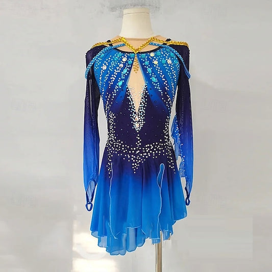 Figure Skating Dress Women's Girls' Ice Skating Dress Blue High Elasticity Training Competition Skating Wear Classic Crystal / Rhinestone Long Sleeve Ice Skating Figure Skating #10696186