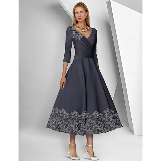 A-Line Dress Mother of the Bride Dress Elegant Simple V Neck Ankle Length Tea Length Satin 3/4 Length Sleeve with Lace Ruched Sequin 2024 #18773974