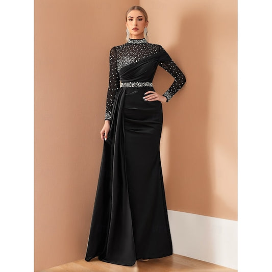 Mermaid / Trumpet Evening Gown Vintage Dress Formal Wedding Floor Length Long Sleeve Square Neck Champagne Mother Of the Bride Dress Satin with Glitter Pearls 2024 #13663697