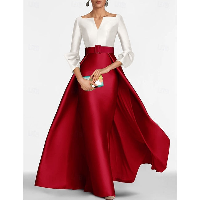 Red Sheath Evening Gown Elegant Dress Formal Floor Length 3/4 Length Sleeve V Neck Belt / Sash Satin with Slit 2024 #15924475