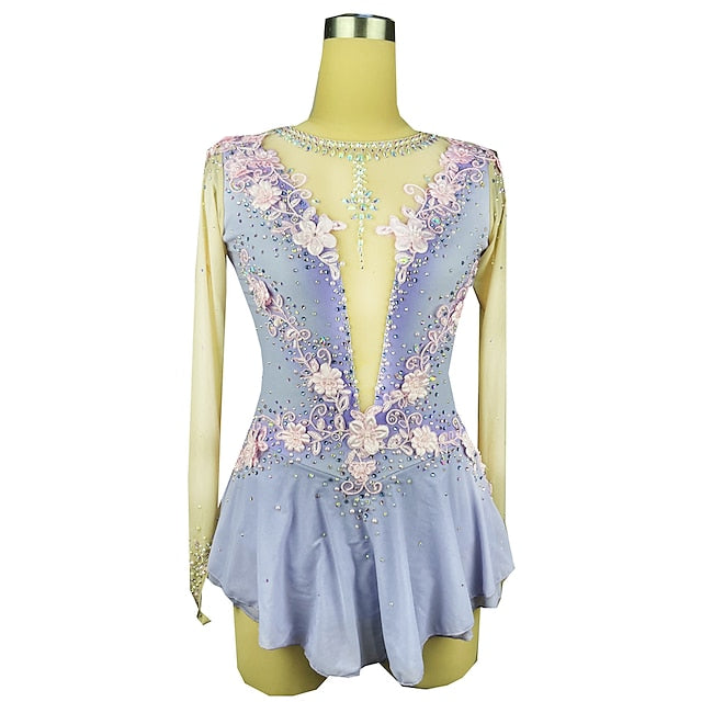 Figure Skating Dress Women's Girls' Ice Skating Dress Outfits Blue Mesh Spandex High Elasticity Training Competition Skating Wear Handmade Crystal / Rhinestone Long Sleeve Ice Skating Figure Skating #8508399