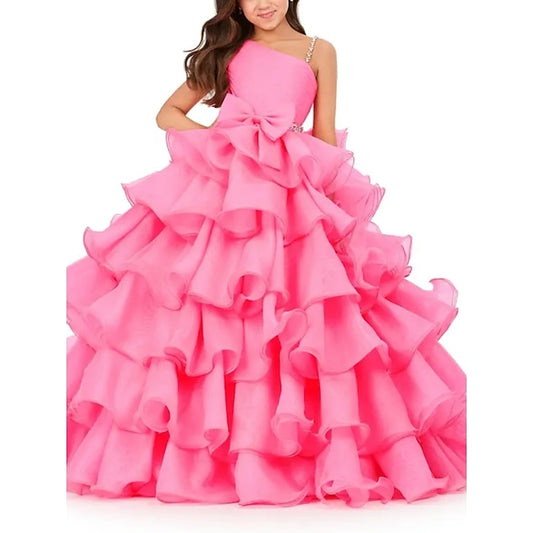 TS Princess Floor Length Flower Girl Dress Pageant & Performance Girls Cute Prom Dress Chiffon with Bow(s) Tiered Plisse Fit 3-16 Years dress to impress 2024 #9725762