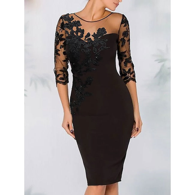 TS Sheath Cocktail Dresses Elegant Dress Wedding Guest Kentucky Derby Knee Length Long Sleeve Illusion Neck Lace with Beading Embroidery 2024 free custom size #7838398