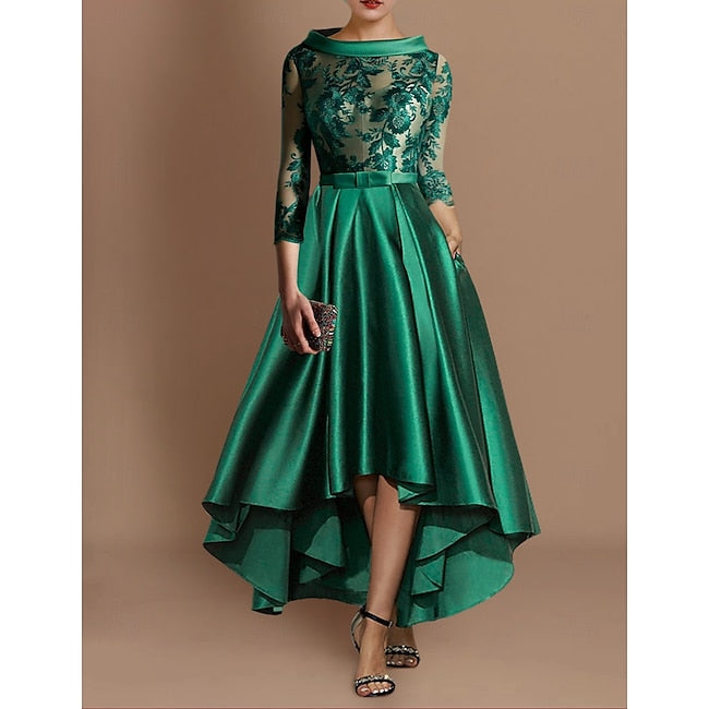 TS A-Line Cocktail Dresses Elegant Dress Formal Asymmetrical 3/4 Length Sleeve Jewel Neck Fall Wedding Guest Satin with Pleats Appliques 2024 #9499983