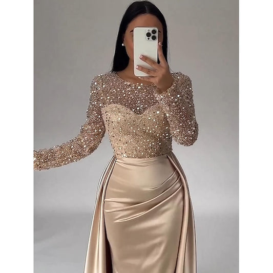 TS Mermaid Sequin Evening Gown Ruched Champagne Satin Dress Long Sleeves Masquerade Floor Length Illusion Neck with Pearls Overskirt dress 2024 #9655859