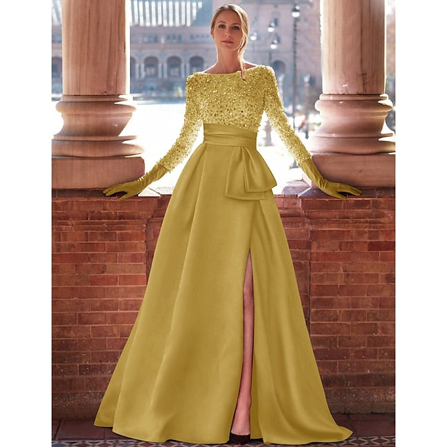 TS A-Line Evening Gown Elegant Dress Formal Floor Length Long Sleeve Jewel Neck Satin with Glitter Slit 2024 #13283066