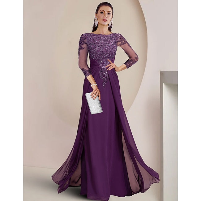 TS Sheath Mother of the Bride Dress Formal Wedding Guest Elegant Sparkle Jewel Neck Asymmetrical Floor Length Chiffon Lace 3/4 Length Sleeve with Sequin Appliques 2024 free custom size #8499223