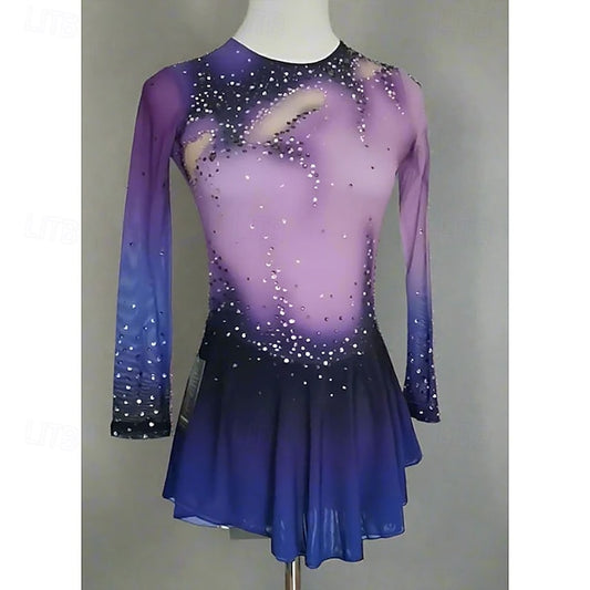 Figure Skating Dress Women's Girls' Ice Skating Dress Purple Blue Patchwork High Elasticity Training Competition Skating Wear Classic Crystal / Rhinestone Long Sleeve Ice Skating Figure Skating #14007786