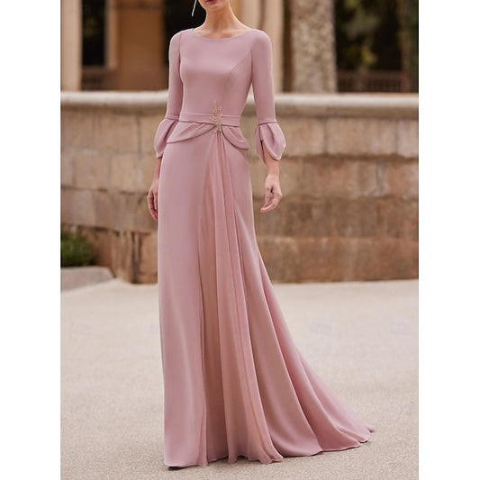 TS Pink Mermaid Mother of the Bride Dress Wedding Guest Elegant Jewel Neck Floor Length Chiffon Crepe 3/4 Length Sleeve with Crystal Brooch stretch dress 2024 free custom size #12781587