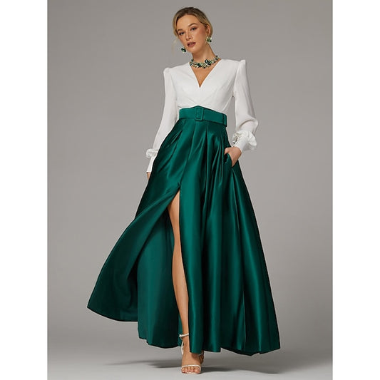 A-Line Evening Gown High Split Dress Formal Wedding Guest Floor Length Long Sleeve V Neck Fall Wedding Guest Satin with Pleats Slit 2024 #11557405