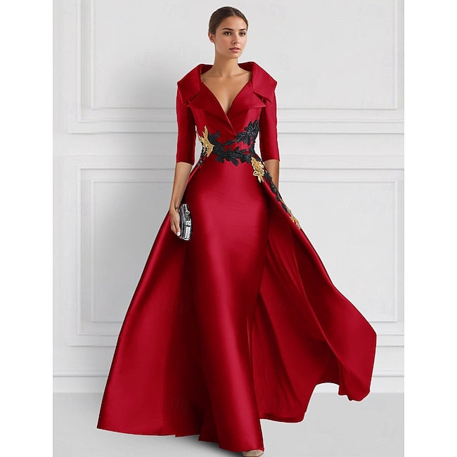 Red A-Line Vintage Embroidered Evening Gown Elegant Dress Formal Floor Length 3/4 Length Sleeve Shirt Collar Satin with Appliques 2024 #13116915