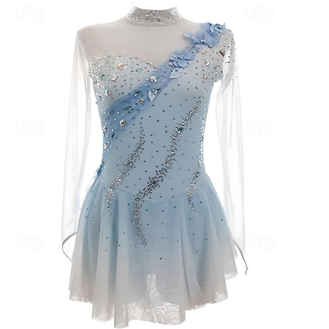 Figure Skating Dress Women's Girls' Ice Skating Dress Sky Blue High Elasticity Training Competition Skating Wear Classic Crystal / Rhinestone Long Sleeve Ice Skating Figure Skating #16627839