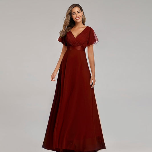 A-Line Ruched Wedding Guest Dress Elegant Formal Black Tie For Bridesmaid Floor Length Short Sleeve V Neck Chiffon V Back with Ruffles  dress to impress 2024 #8175982