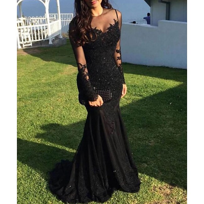 TS Mermaid Black Dress Evening Gown Sequin Prom Dress Sparkle Formal Gown Sweep / Brush Train Long Sleeve Illusion Neck Lace with Appliques dress to impress 2024 #7521752