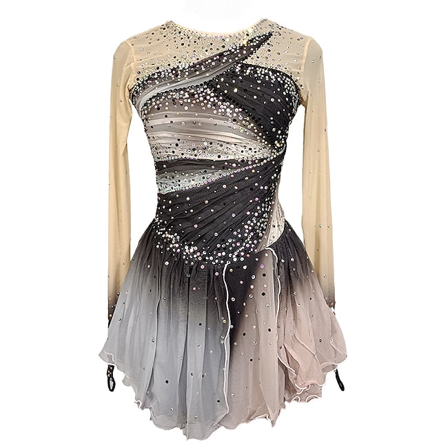 Figure Skating Dress Women's Girls' Ice Skating Dress Grey Patchwork Thumbhole Mesh Spandex Stretchy Training Practice Professional Skating Wear Crystal / Rhinestone Long Sleeve Figure Skating #9670947