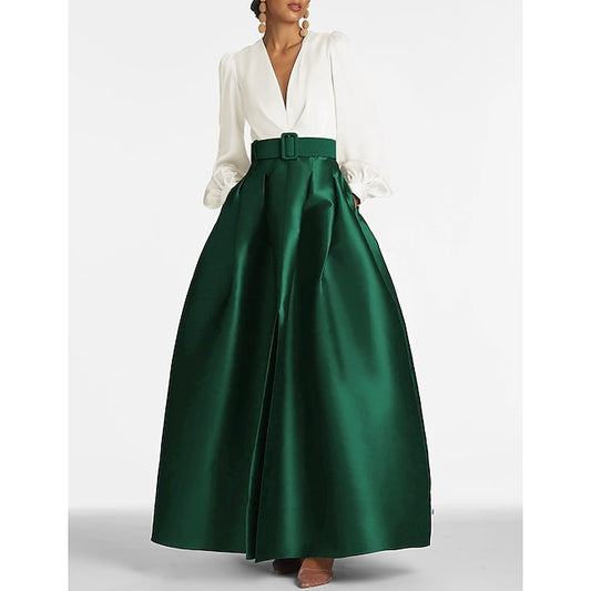 Green A-Line Evening Gown High Split Dress Formal Wedding Guest Floor Length Long Sleeve V Neck Belt / Sash Satin with Pleats Slit 2024 #9634464