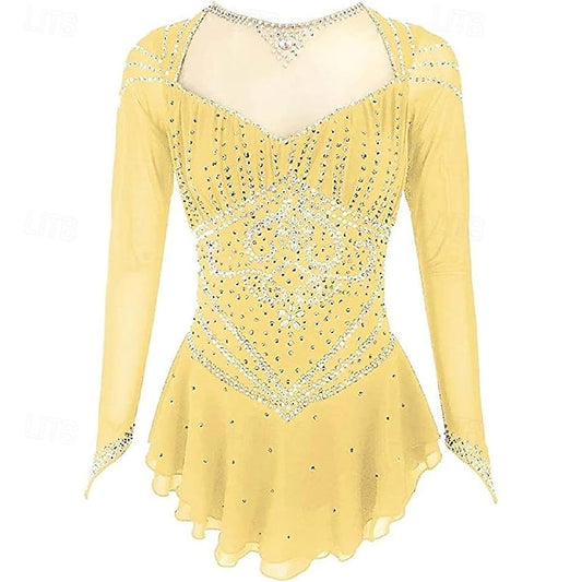 Figure Skating Dress Women's Girls' Ice Skating Dress Yellow High Elasticity Training Competition Skating Wear Classic Crystal / Rhinestone Long Sleeve Ice Skating Figure Skating #11175140